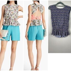 NWT Rhode Linaya Top Navy Mosaic Floral Open Back Peplum Sz L